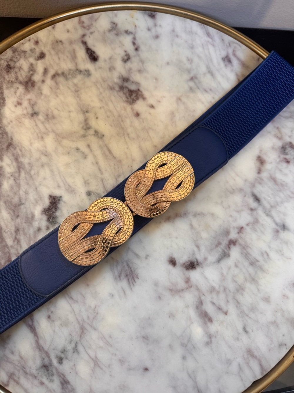 Women's Royal Blue Elastic Belt with Gold Interlocking Buckle